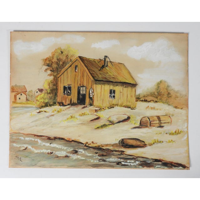 Rustic Early 20th Century Coastal Cabin With Lobster Traps Watercolor Painting For Sale - Image 3 of 3