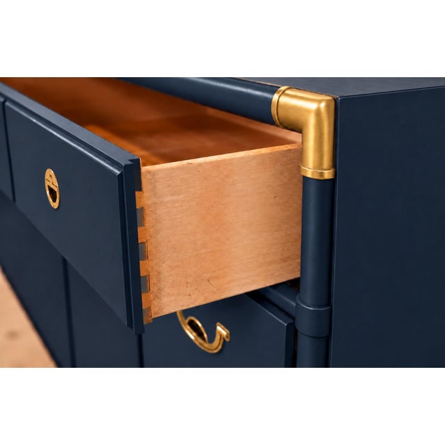 Navy Blue Professionally Refinished 1970s Drexel Accolade Campaign Buffet / Sideboard — Custom Navy Blue For Sale - Image 8 of 11