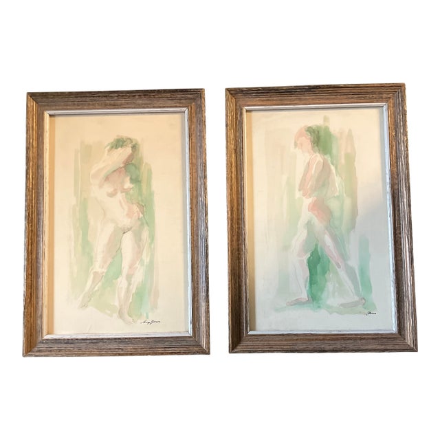 1950’s 2 Vintage Original Abstract Expressionist Female Nude Watercolor Paintings Signed Original Vintage Frames-a Pair For Sale