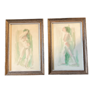 1950’s 2 Vintage Original Abstract Expressionist Female Nude Watercolor Paintings Signed Original Vintage Frames-a Pair