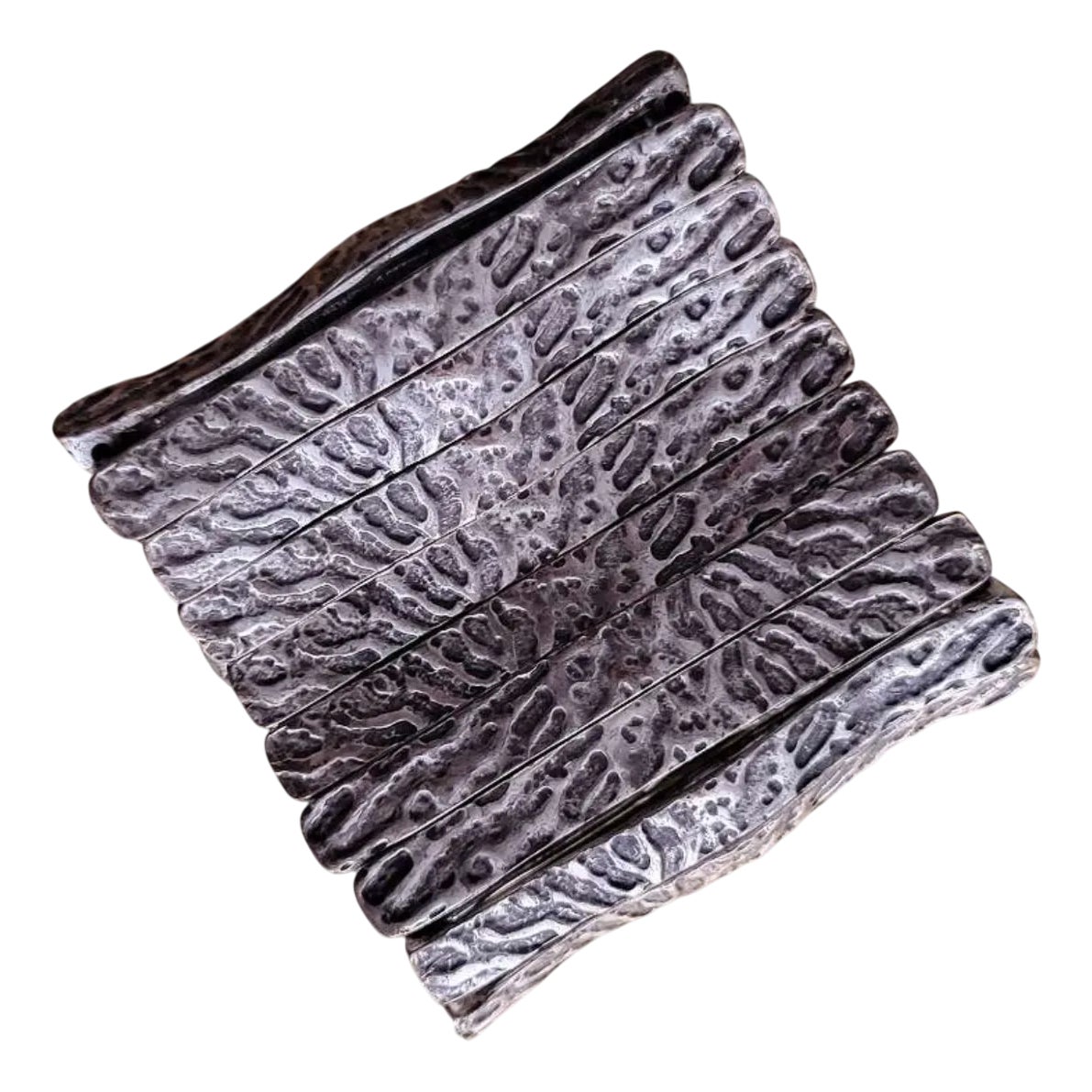 Bracelet Manchette Brutaliste Vintage Vers 1970 - Bronze Argenté, Laiton Doré Et Pierre - Travail D'artiste, Excellent état