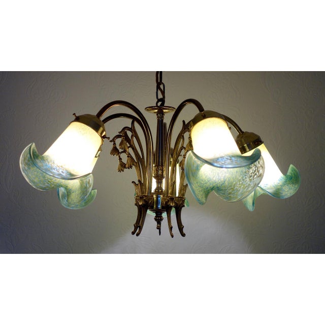 French Brass Pate De Verre Glass Five Light Chandelier, 1950s For Sale - Image 6 of 11