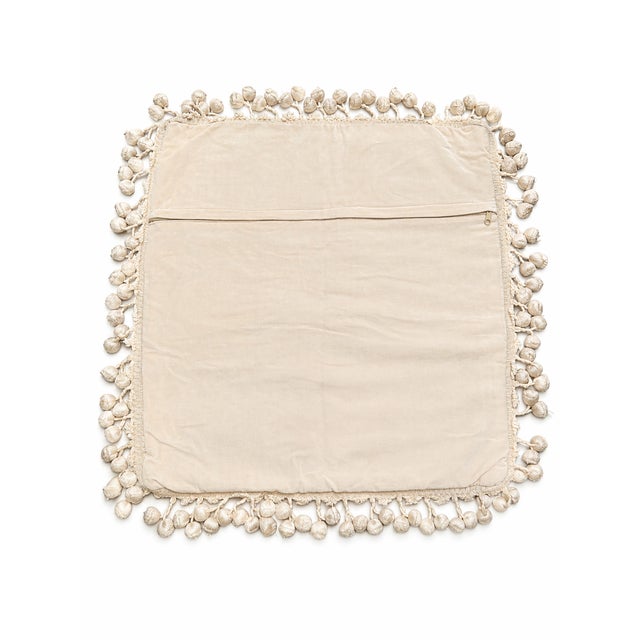 Contemporary Vintage Hand-Tufted Needle Point Pillow Cover With Pom Pom Fringe & Zipper – 19” X 19” For Sale - Image 3 of 6