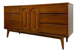 Vintage Mid Century Modern Long Low Dresser With 12 Drawers, Tapered Legs and Brass-Toned Hardware
