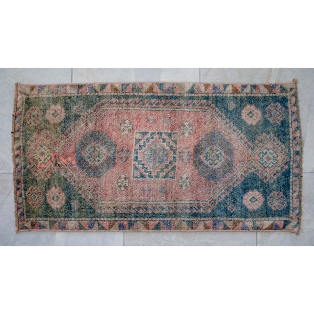 1970s Hand Made Small Turkish Rug. DoorMat Entry Decor Kitchen Mat Baht Mat - 18'' X 34'' For Sale - Image 5 of 9