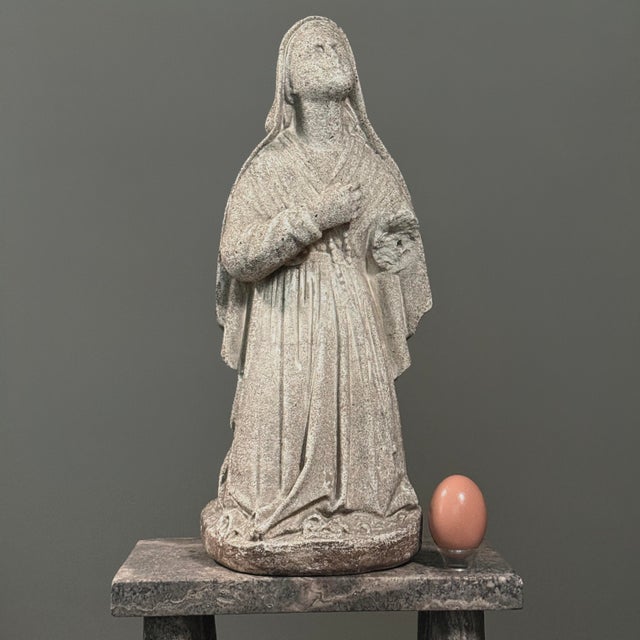 1930s Antique Carved Stone Folk Art Religious Sculpture of a Kneeling Woman For Sale - Image 5 of 10