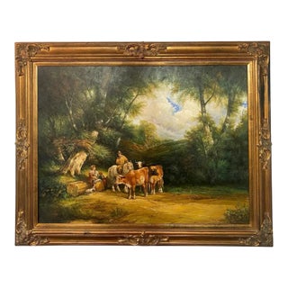 Large Impressionistic Oil on Canvas Painting of Farmers With Cattle, Framed For Sale
