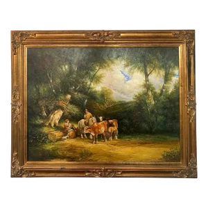 Large Impressionistic Oil on Canvas Painting of Farmers With Cattle, Framed