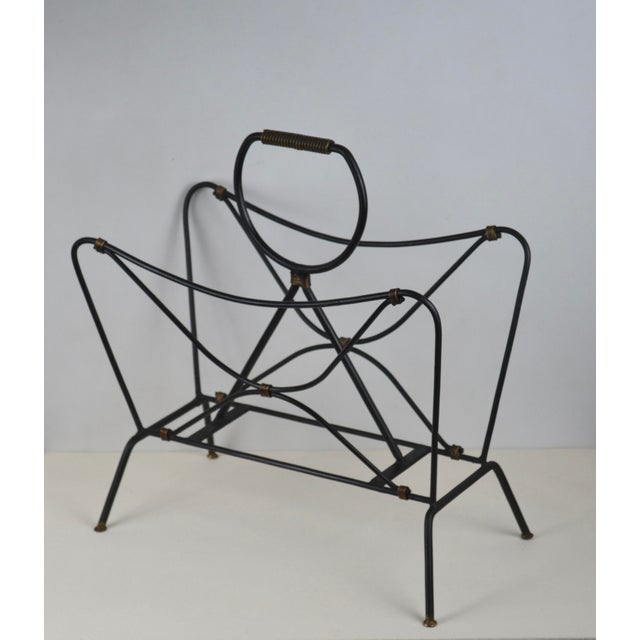 Jacques Adnet French Modernist Black Metal Magazine Rack attributed to Jacques Adnet, 1950s For Sale - Image 4 of 14