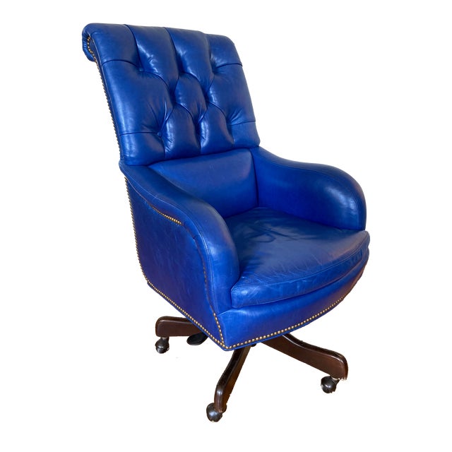 1990s Vibrant Royal Tufted Blue Leather Brass Chesterfield Executive Desk Chair with Nailhead Trim For Sale