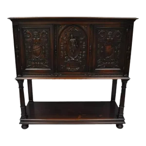 Antique Renaissance Revival Figural Carved Walnut Cabinet Cupboard