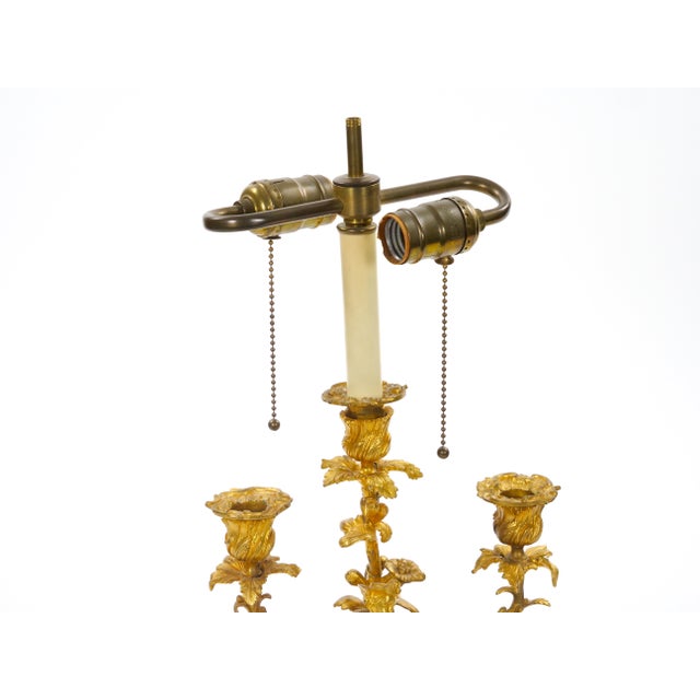 French Pair of Gilt Bronze Louis XVI-Style Three-Light Candelabra Table Lamps For Sale In New York - Image 6 of 15