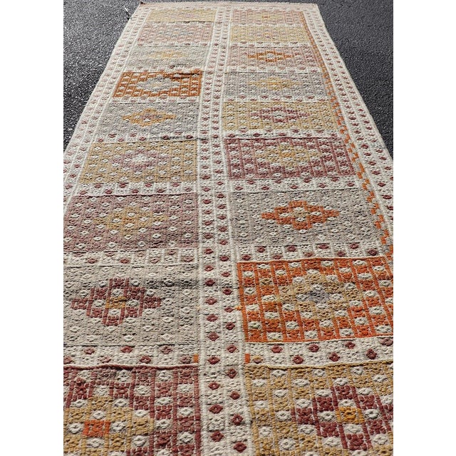 Vintage Turkish Kilim Runner With Checker Medallions in Soft Pastel Tones For Sale - Image 9 of 11