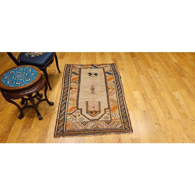 Vintage Persian Kurdish Tribal Area Rug, Hand-Knotted Prayer Pattern, 3x5, Camelhair & Brick Red For Sale In Chicago - Image 6 of 15