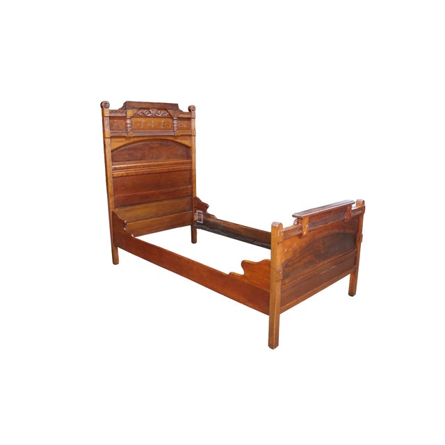 Victorian Antique Victorian Eastlake Walnut Burl Spoon Carved Highback Twin Size Bed For Sale - Image 3 of 18