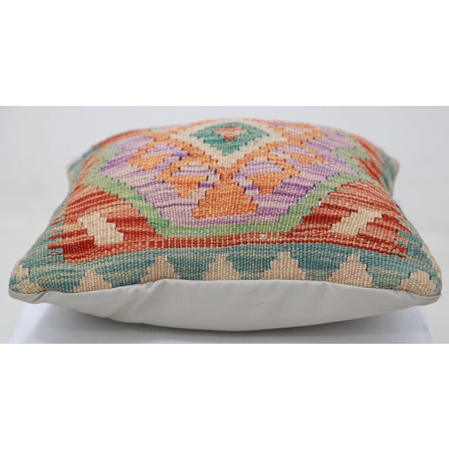Tribal Arteverk Handwoven Afghan Kilim Pillow — Orange & Purple Diamond Medallion For Sale - Image 3 of 3
