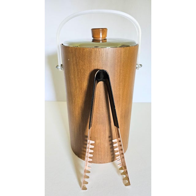 Modern 60s Retro Thermos Insulated Walnut Ice Bucket With Tongs For Sale - Image 3 of 7