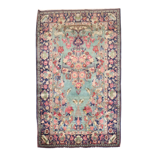 Emerald Green Botanical Antique Persian Kashan Rug For Sale