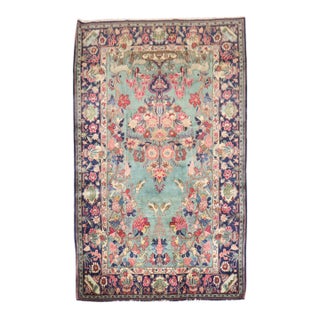 Emerald Green Botanical Antique Persian Kashan Rug - 4'5" x 6'9" For Sale