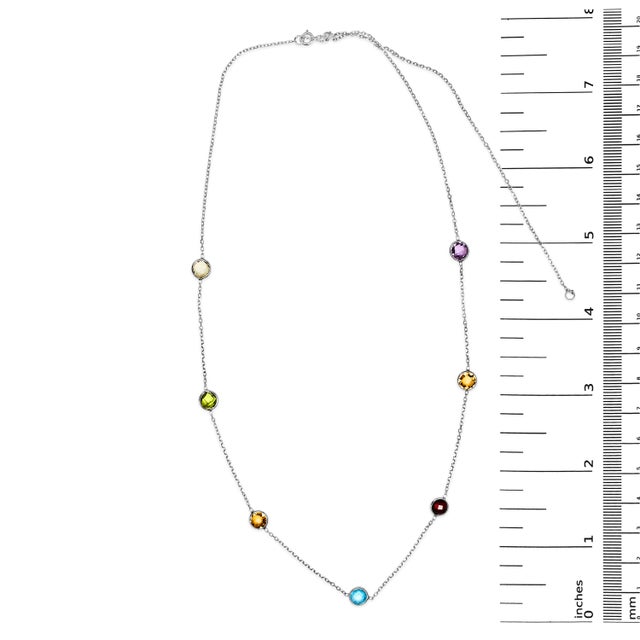 14K White Gold Bezel Set Mixed Gemstone 7 Station Adjustable 18"-24" Necklace For Sale - Image 4 of 6