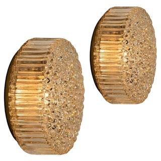 Brass & Amber Glass Wall Lights / Flush Mounts attributed to Motoko Isshi for Staff, 1970, Set of 2 For Sale