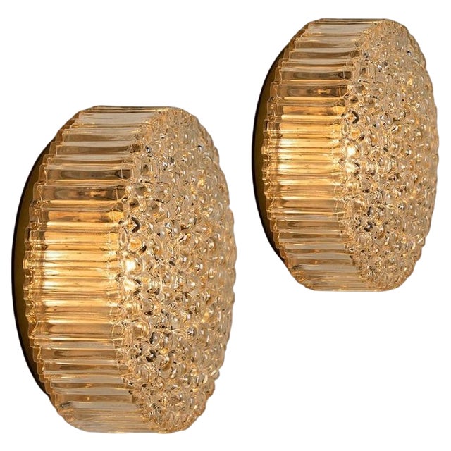 Brass & Amber Glass Wall Lights / Flush Mounts attributed to Motoko Isshi for Staff, 1970, Set of 2 For Sale