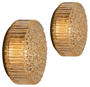 Brass & Amber Glass Wall Lights / Flush Mounts attributed to Motoko Isshi for Staff, 1970, Set of 2