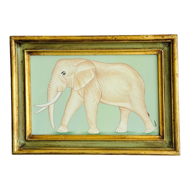 Original Hand-Painted Elephant Painting in a Vintage Italian Frame For Sale