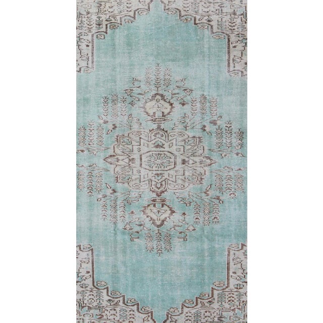 Mid 20th Century Vintage Oushak Rug With Aqua Color Background and Brown Highlights For Sale - Image 5 of 8