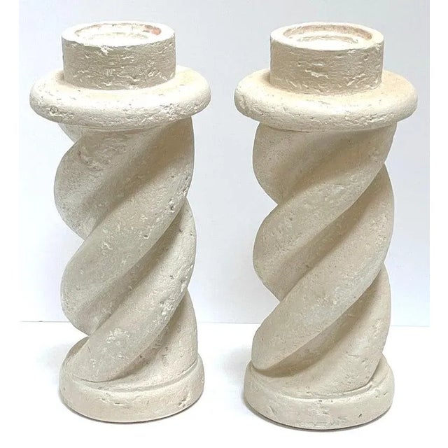 Pair of Michael Taylor Style Cast Plaster 'Coquina Stone' Spiral Candlesticks USA, Circa 1980s We are please to offer this...