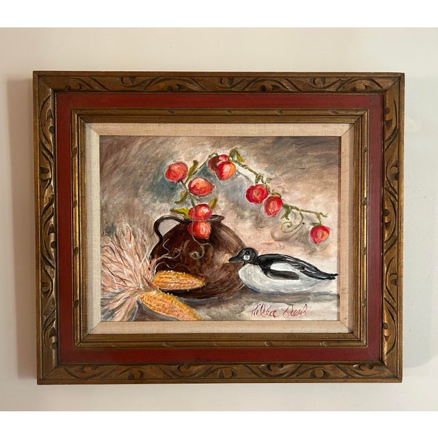 Beautiful vintage still life oil painting on canvas board depicting Indian corn, a duck and red berries in a pitcher....