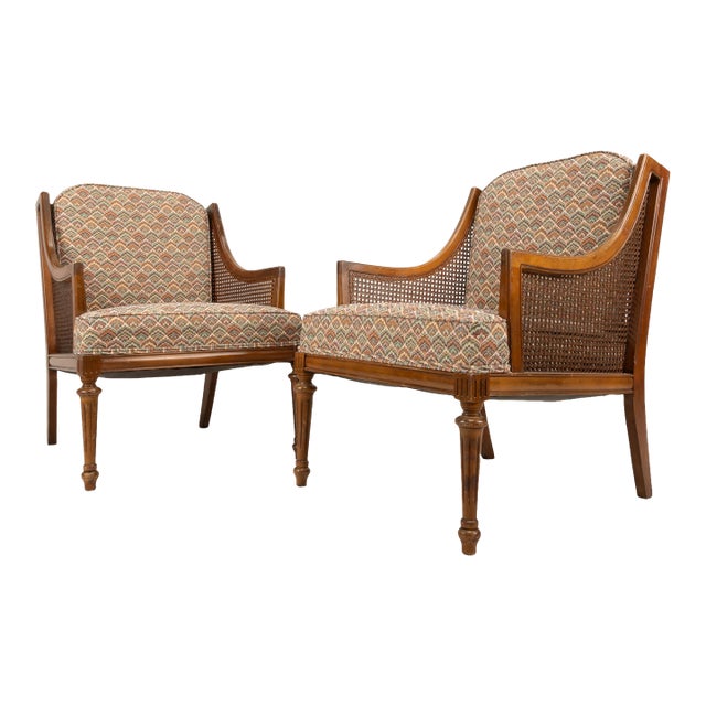 1960s Hollywood Regency French Style Caned Bergere Chairs With Flamestitch Fabric - A Pair For Sale