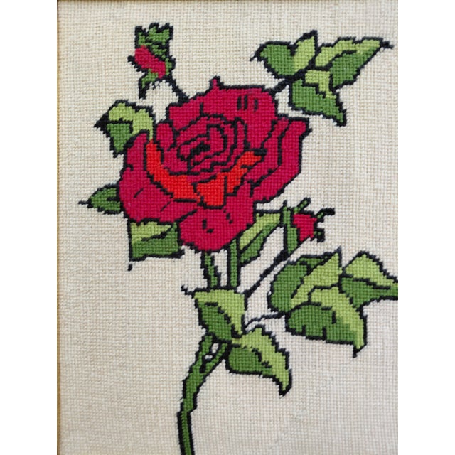 Traditional Mid-Century Red Rose Framed Needlepoint For Sale - Image 3 of 10