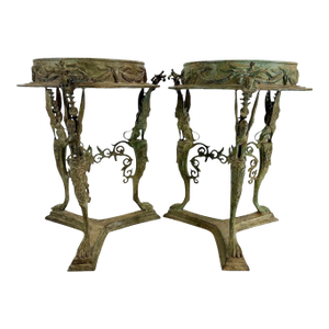1900s Pair Pompeiian Grand Tour Bronze Gueridon Tables, Tripod Legs With Pawed Feet