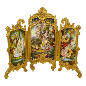 Antique Viennese Enamel Gilt Bronze Table Top Miniature Dressing Screen