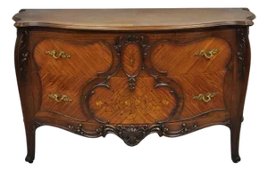 Antique French Louis XV Carved Walnut Inlaid Bombe Demilune Commode Dresser