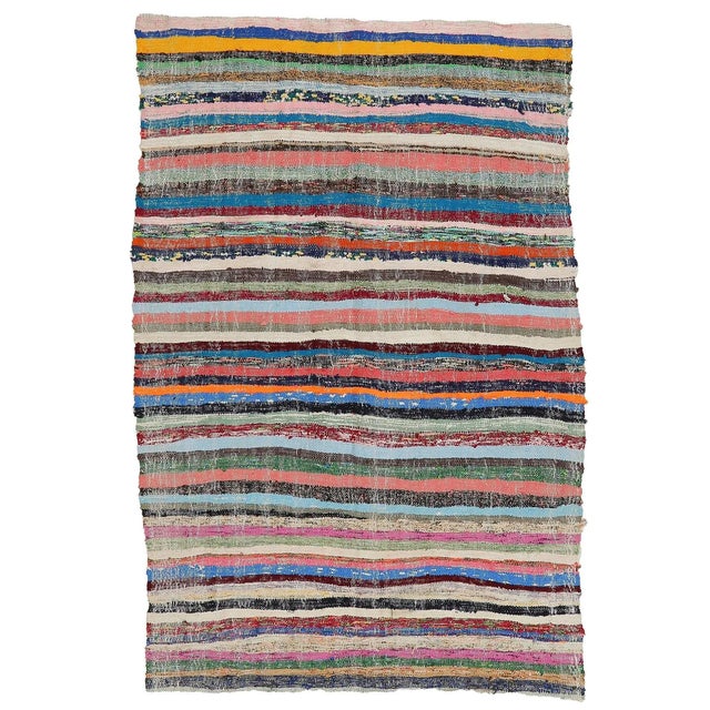 Textile Mid 20th Century Colorful Vintage Striped Rag Runner For Sale - Image 7 of 7