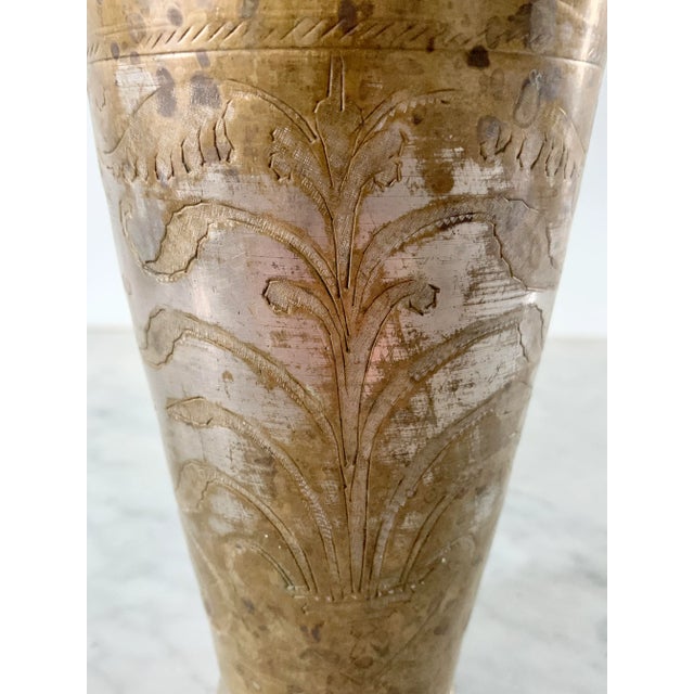 Antique Indian Etched Brass Metal Lassi Cups or Vases, Pair For Sale - Image 12 of 13