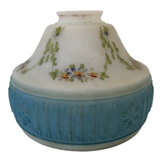 Antique Victorian Hand-Painted White Satin Glass Acorn Lamp Shade With Blue Band, C. 1890–1910 For Sale