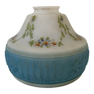Antique Victorian Hand-Painted White Satin Glass Acorn Lamp Shade With Blue Band, C. 1890–1910