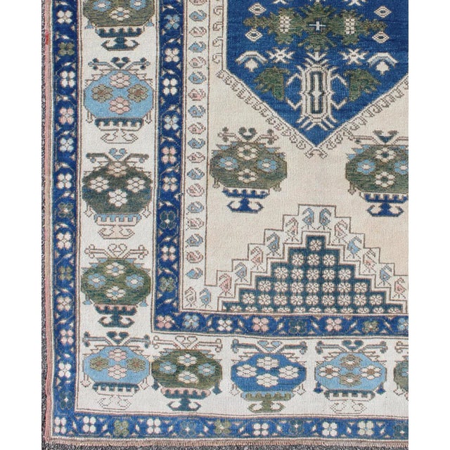 Traditional Blue and Green Geometric Oushak Vintage Rug With Medallion For Sale - Image 3 of 8