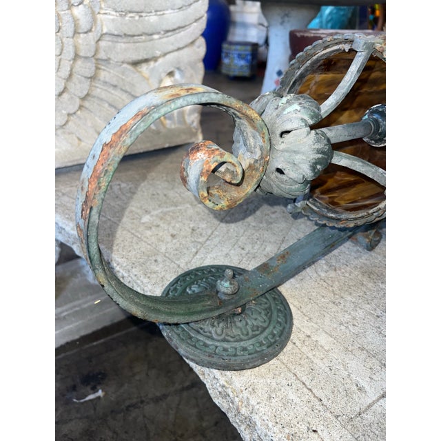 Army Green Vintage 1920s Gothic/Spanish Revival Sconces With Original Stained Glass Inserts - A Pair For Sale - Image 8 of 12