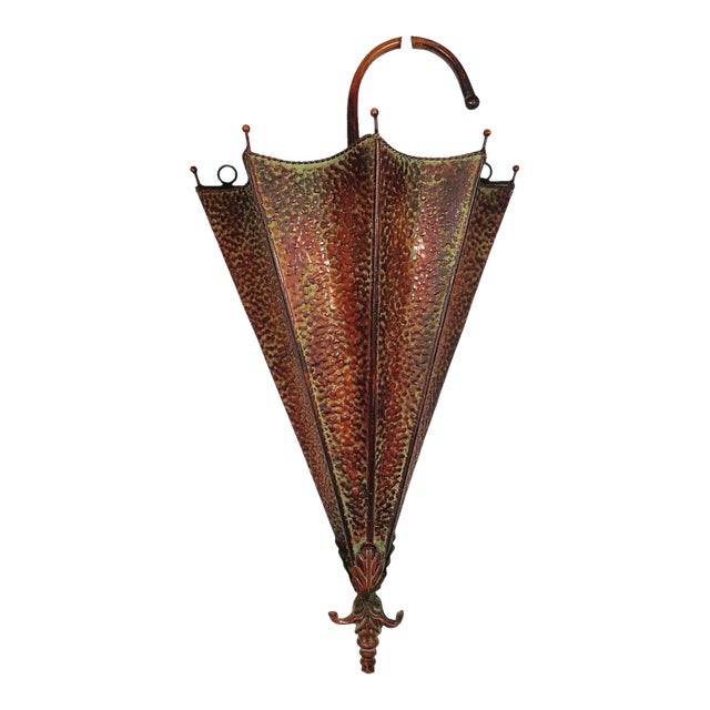 Hammered Metal Umbrella Holder Planter Wall Hanging Textured Patina Umbrella Art For Sale