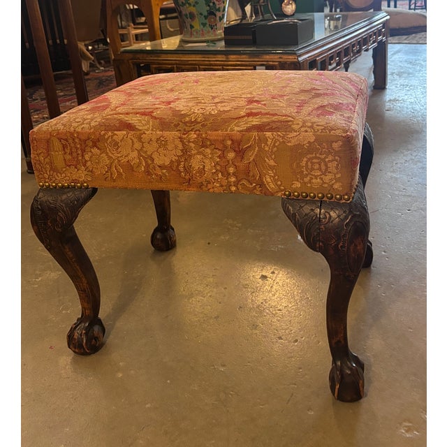 Antique George II Upholstered Bench in the Chippendale Style, Resting on Boldly Carved Ball and Claw Feet and Knee Decoration For Sale - Image 4 of 9