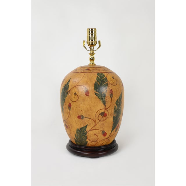 Vintage Porcelain Vase Lamp Painted in Mustard Yellow and Strawberry