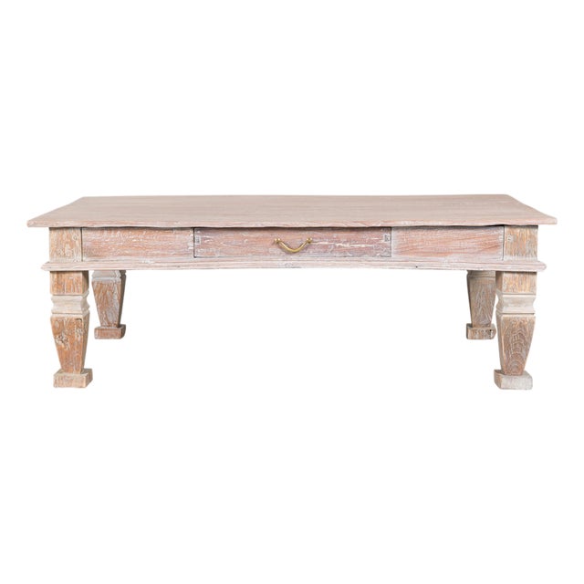 Vintage Whitewashed Teak Coffee Table with Single Drawer For Sale