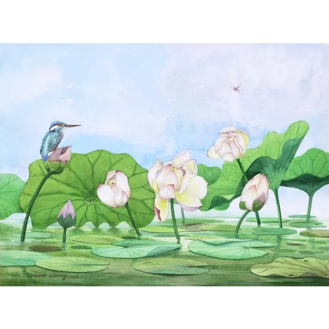 Bright watercolor of lilies in a pond with a bird by David Wang (Chinese-American, 20th Century). Signed "David Wang" in...