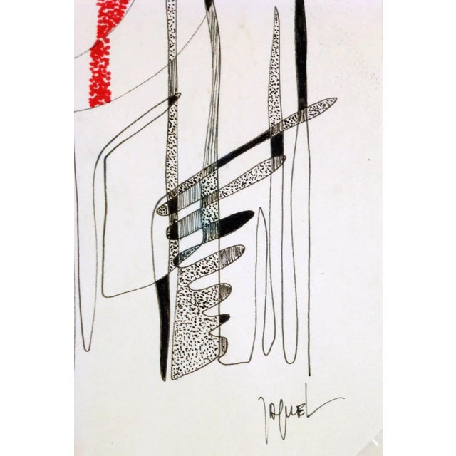 Pen and ink abstract by French artist Jaquel, 1978. Signed lower right. Original artwork on paper displayed on a white mat...