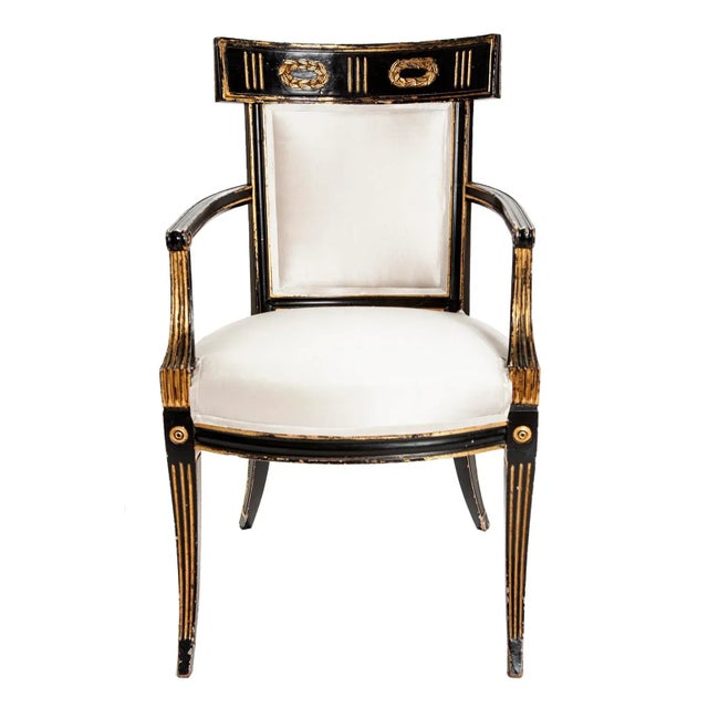 Early 19th Century Italian Regency Style Ebony & Gilt Armchairs in European Silk - a Pair For Sale - Image 12 of 13