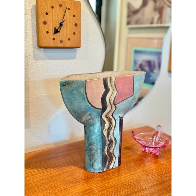Modernist Raku Pottery Ceramic Vase With Abstract Faces